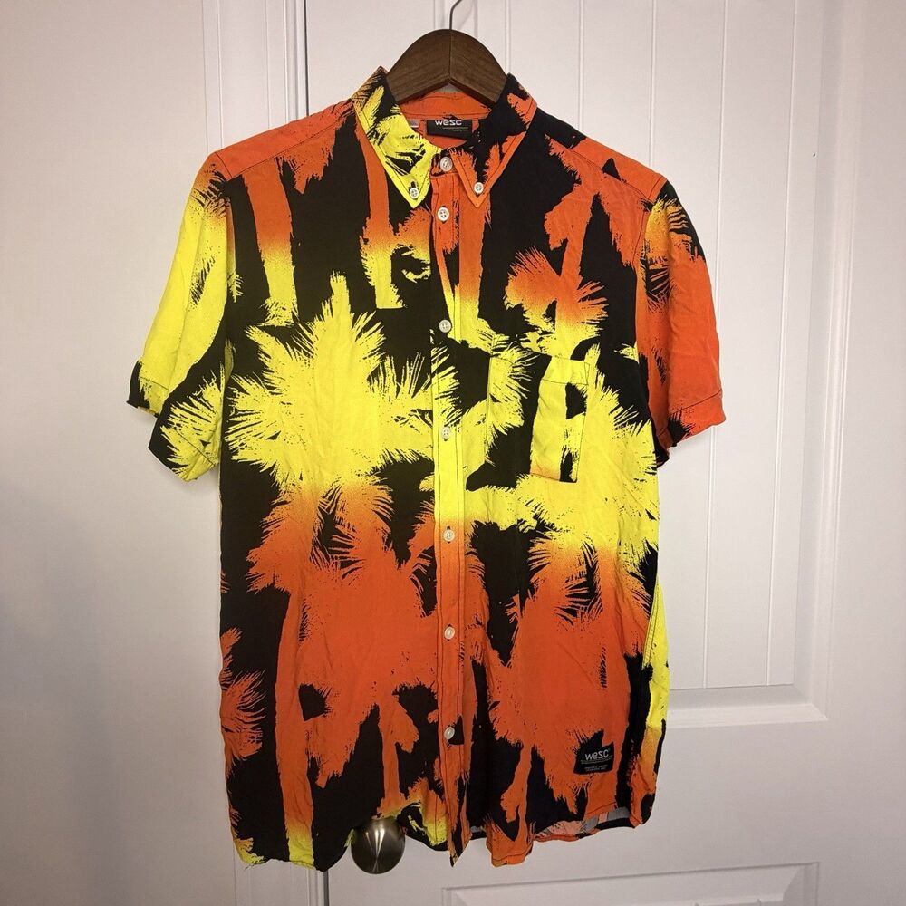 WeSC Mens Small Tropical Palm Shirt Orange Yellow Black Button Down Streetwear